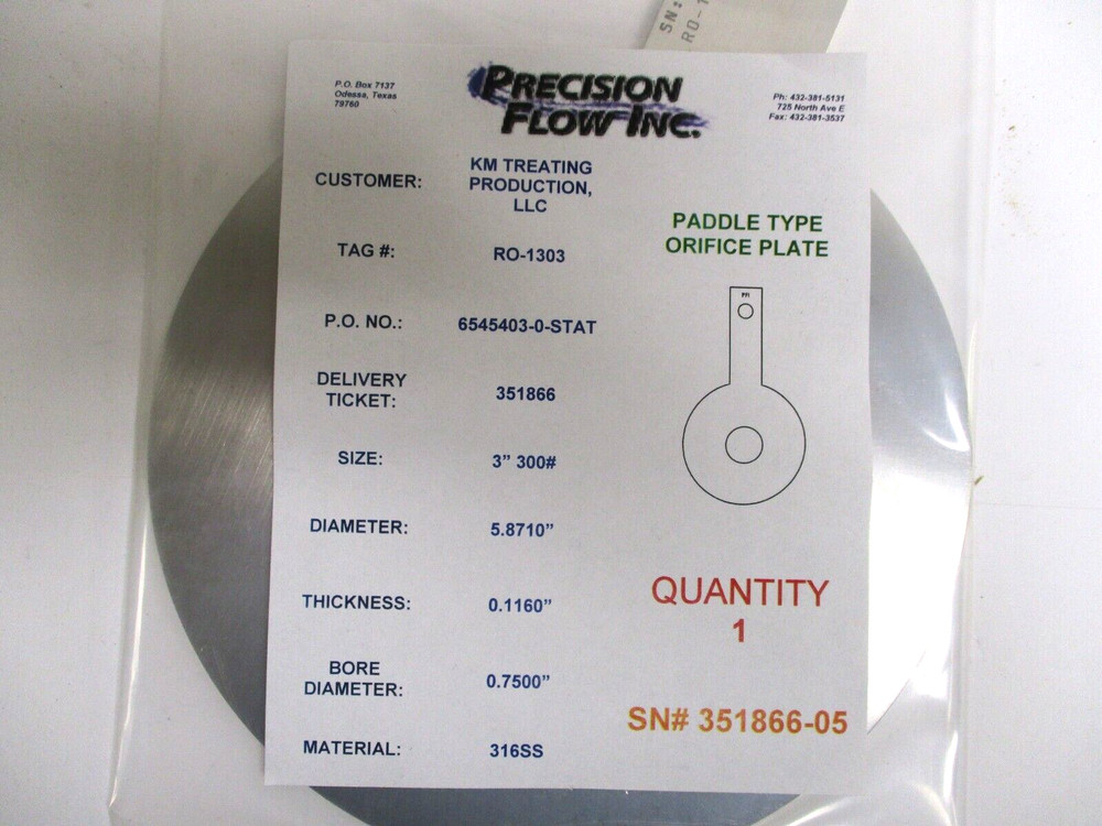 PRECISION FLOW 3" 300 PADDLE TYPE ORIFICE PLATE, 316-SST