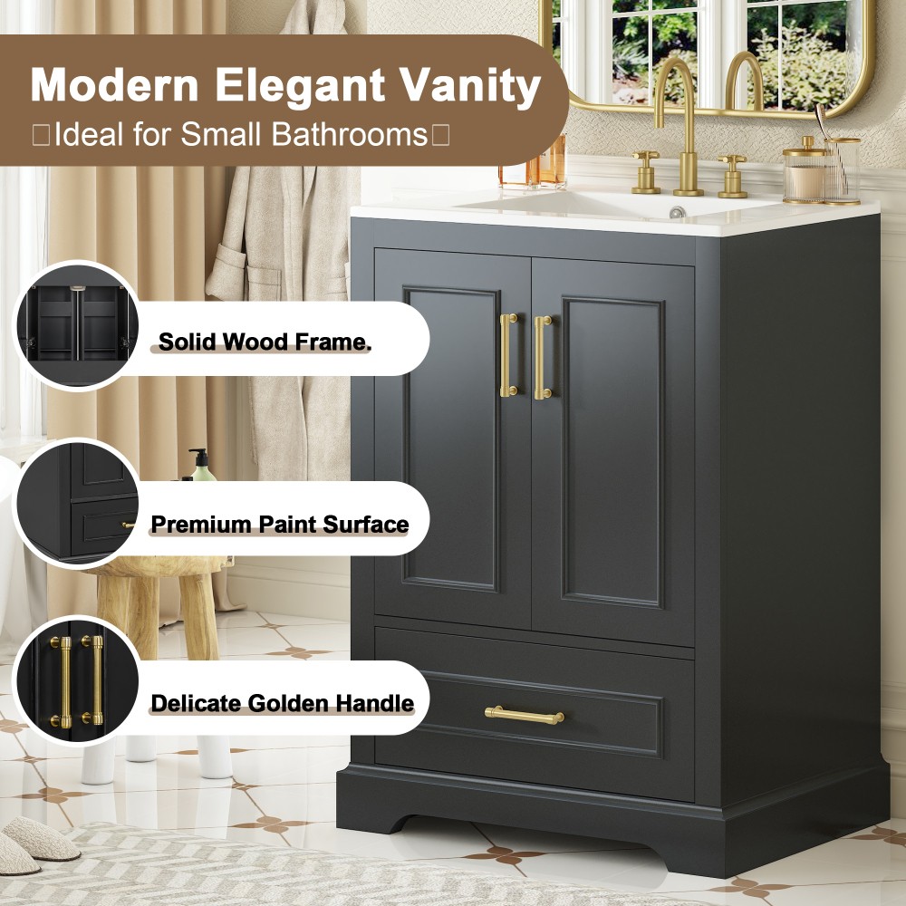 24"Bathroom Vanity with Sink, MDF Cabinet with Solid Wood Frame 1 Divided Drawer