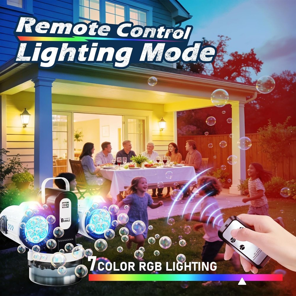 Dual-Engine Bubble Machine with RGB Lights & Remote Control, 150° Auto Rotation,