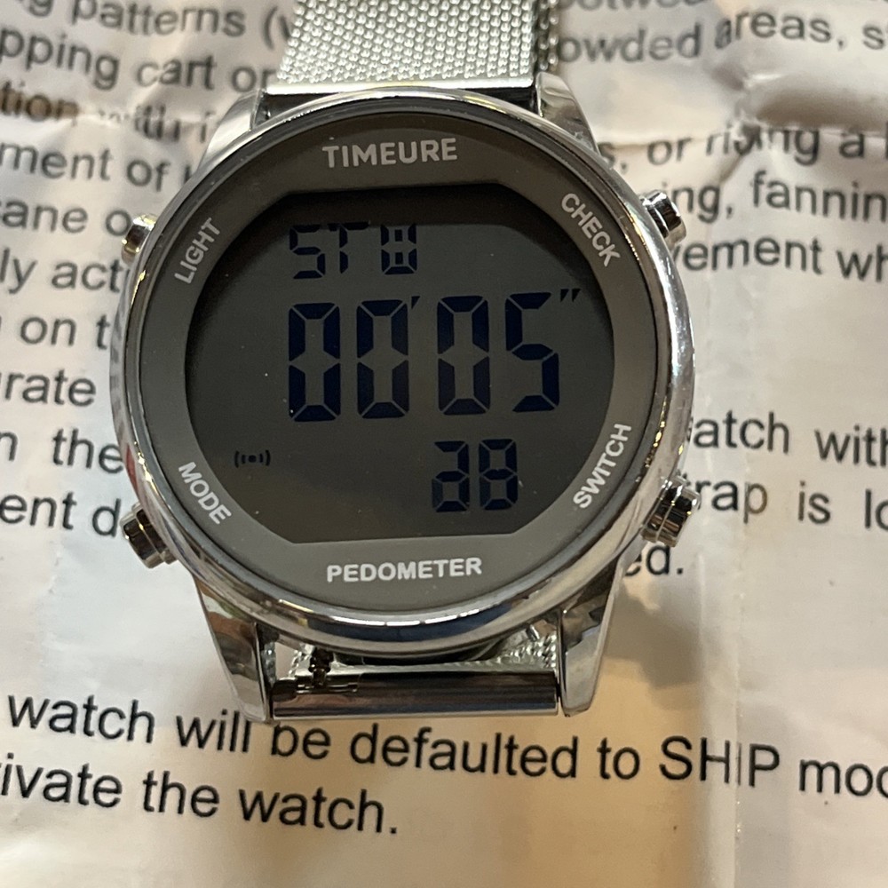 TIMEURE Silver Digital Pedometer Watch with Light and Step Counter