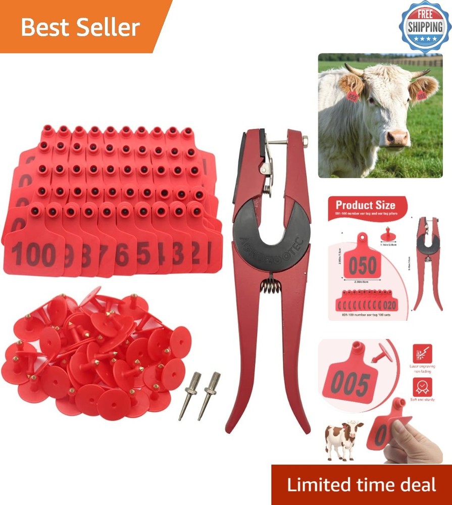 100 Pack of Red Cattle Ear Tags with Applicator for Efficient Animal Tracking