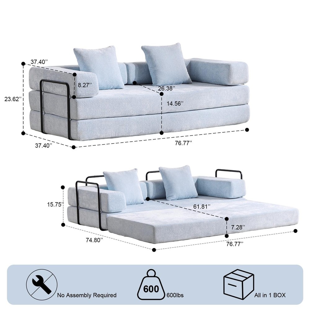 Light Blue Chenille Convertible Floor Sofa Bed W/ Pillow Armrest
