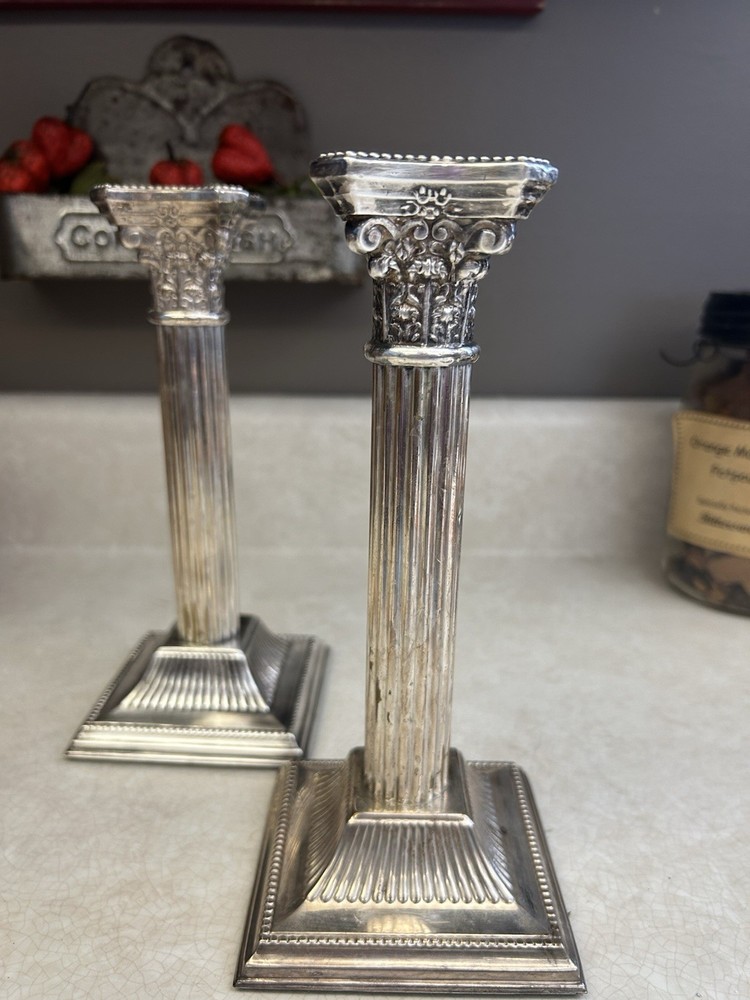 Antique Silver Plated Neoclassical Corinthian Column Taper Candlestick Pair