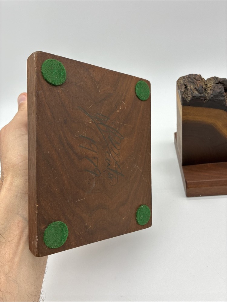 Vintage 1979 Signed Tree Trunk Slices Bookends with Live Edge Bark Boho Decor