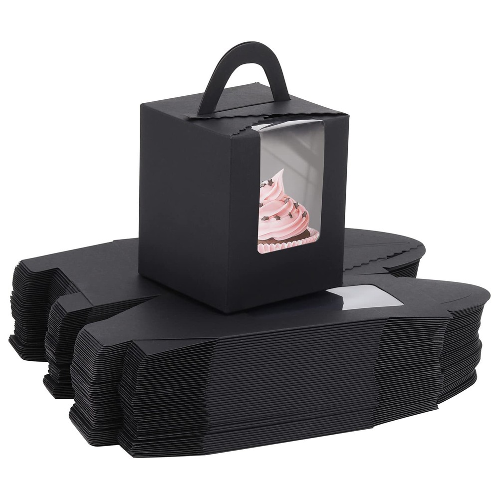 100Pcs Cupcake Boxes with Window Handle 3.6"x3.6"x4.3" Black