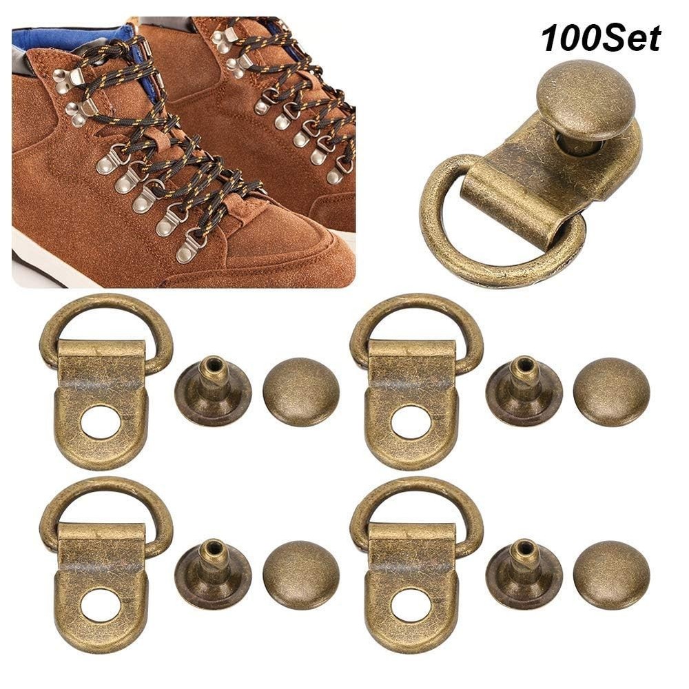 Shoe Boot Lace Hooks, 100 Sets D-Ring Eyelets with Rivets, Brass Bronze