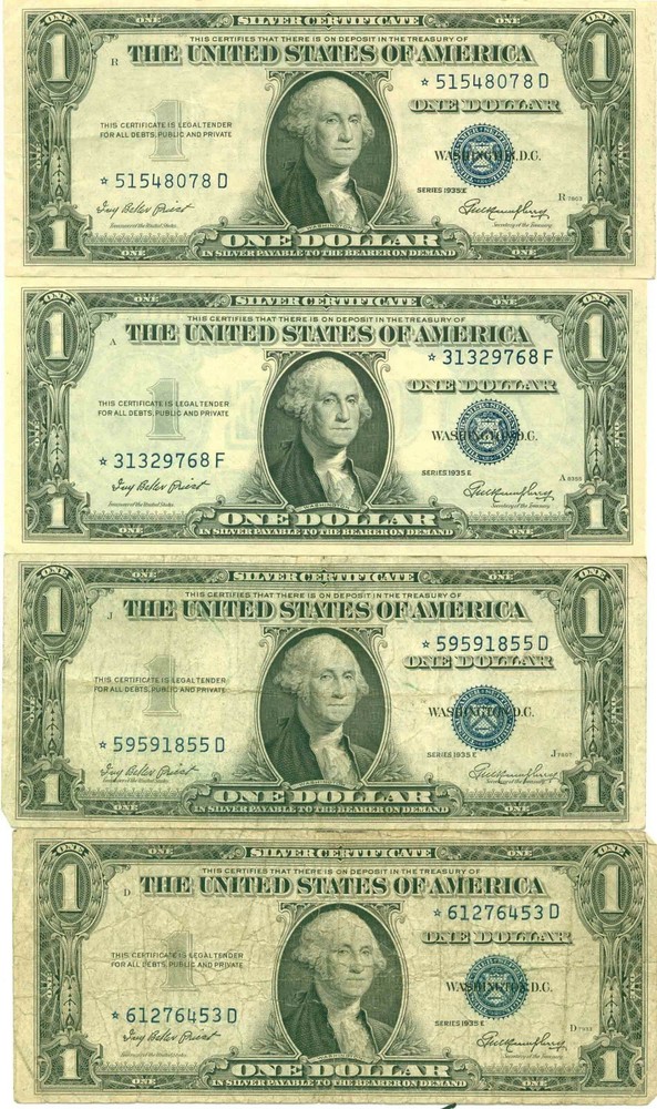 (4) $1 1935 E Blue Seal *** STAR NOTE *** Silver Certificate