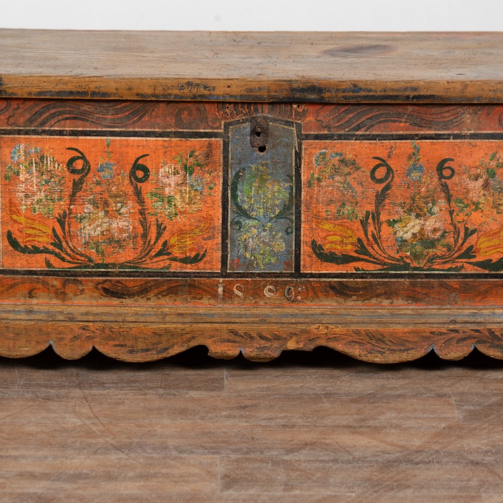 Long Narrow Hand Painted Pine Trunk Bench, Dated 1889