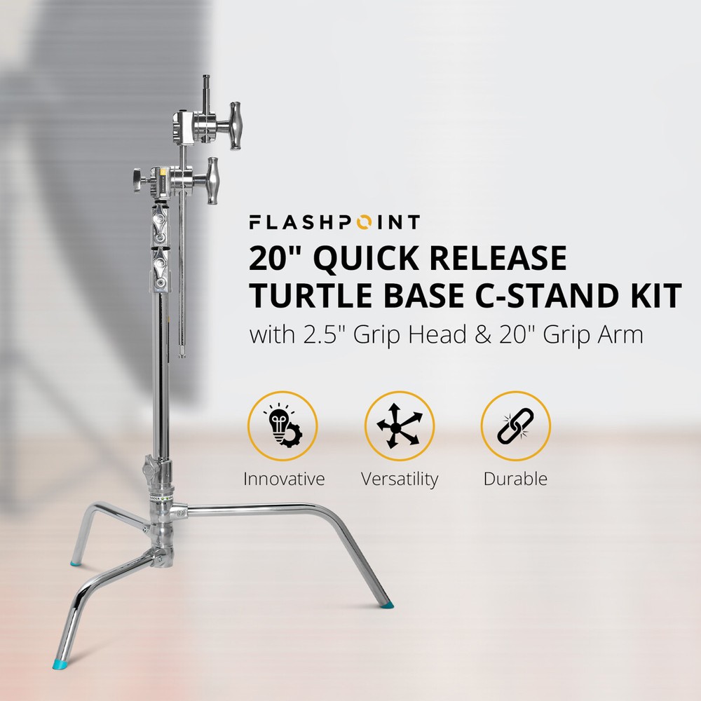 Flashpoint 20" Quick Release Turtle Base C-Stand Kit, Grip Head Arm (Chrome)