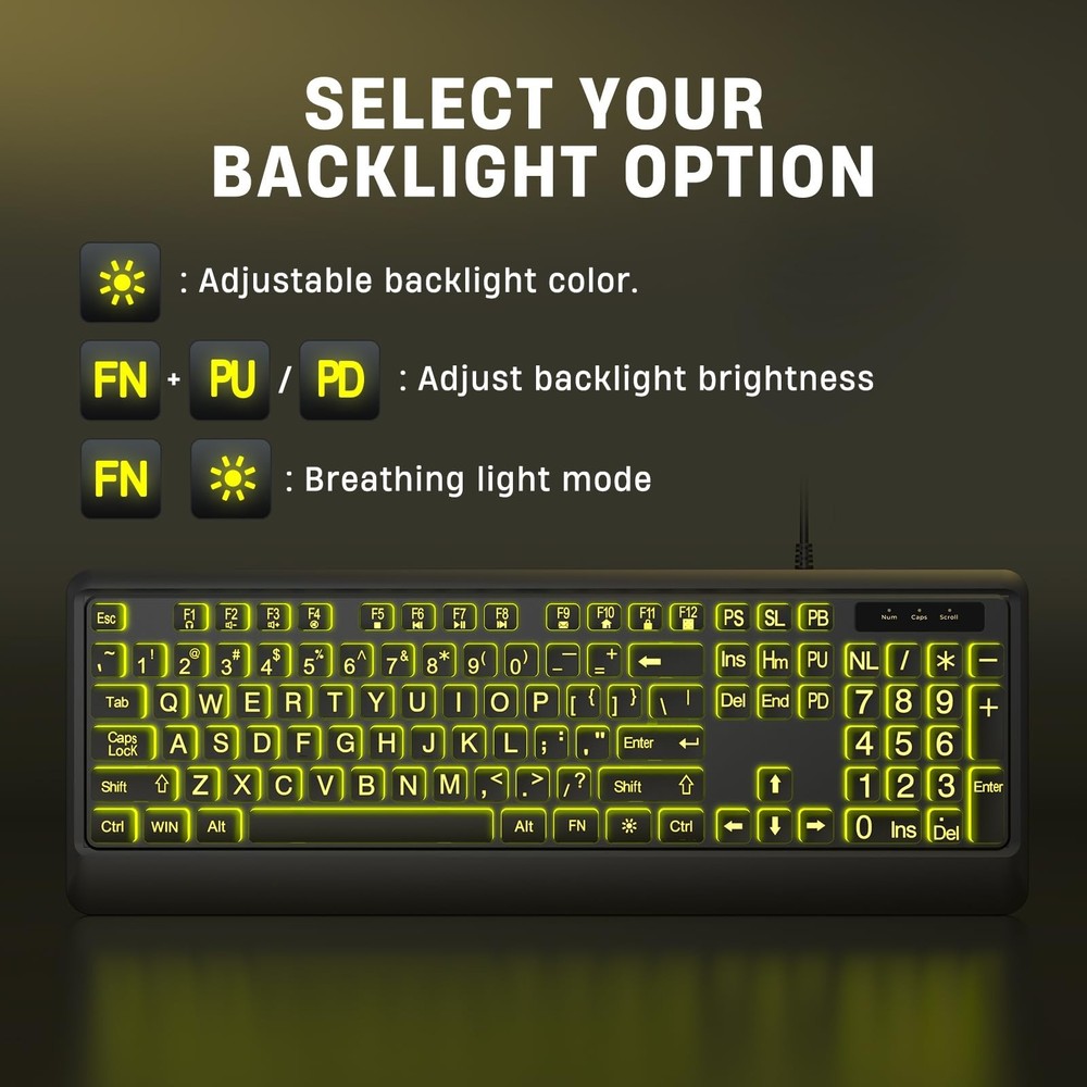 Large Print Backlit Computer Keyboards, 7 Colors Backlight USB Keyboard, Plug...