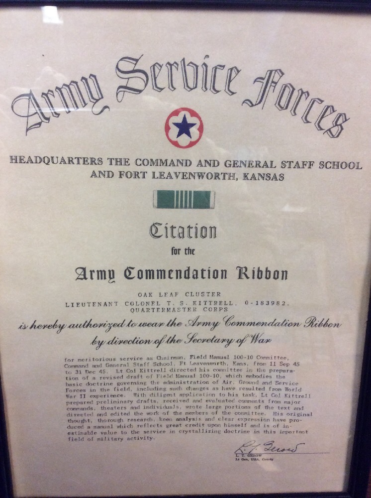 1945 US Army Citation Oak Leaf Cluster Commendation Ribbon Historical Document