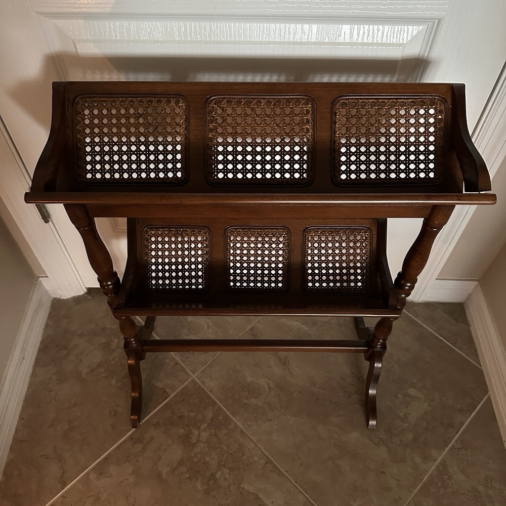 MCM Woven Wicker & Solid Wood Library Book Trough Floor Stand - 2 Tier