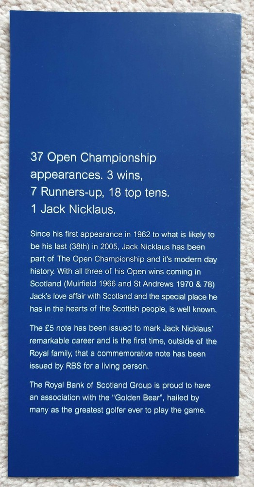 JACK NICKLAUS £5 SCOTLAND NOTE LIMITED EDITION UNCIRCULATED COMMEMORATIVE A