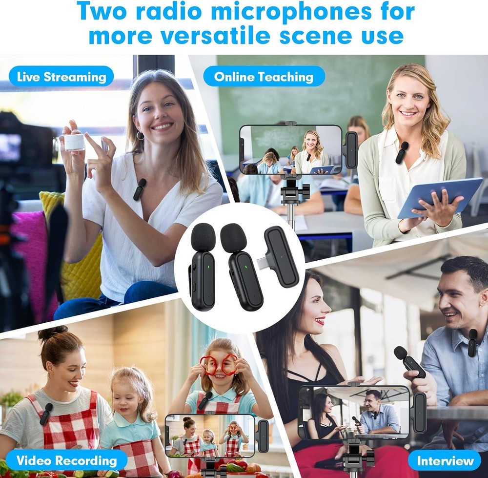 1Pack Wireless Lavalier Microphone for iPhone 15 Android 2TX+1RX & Charging Case