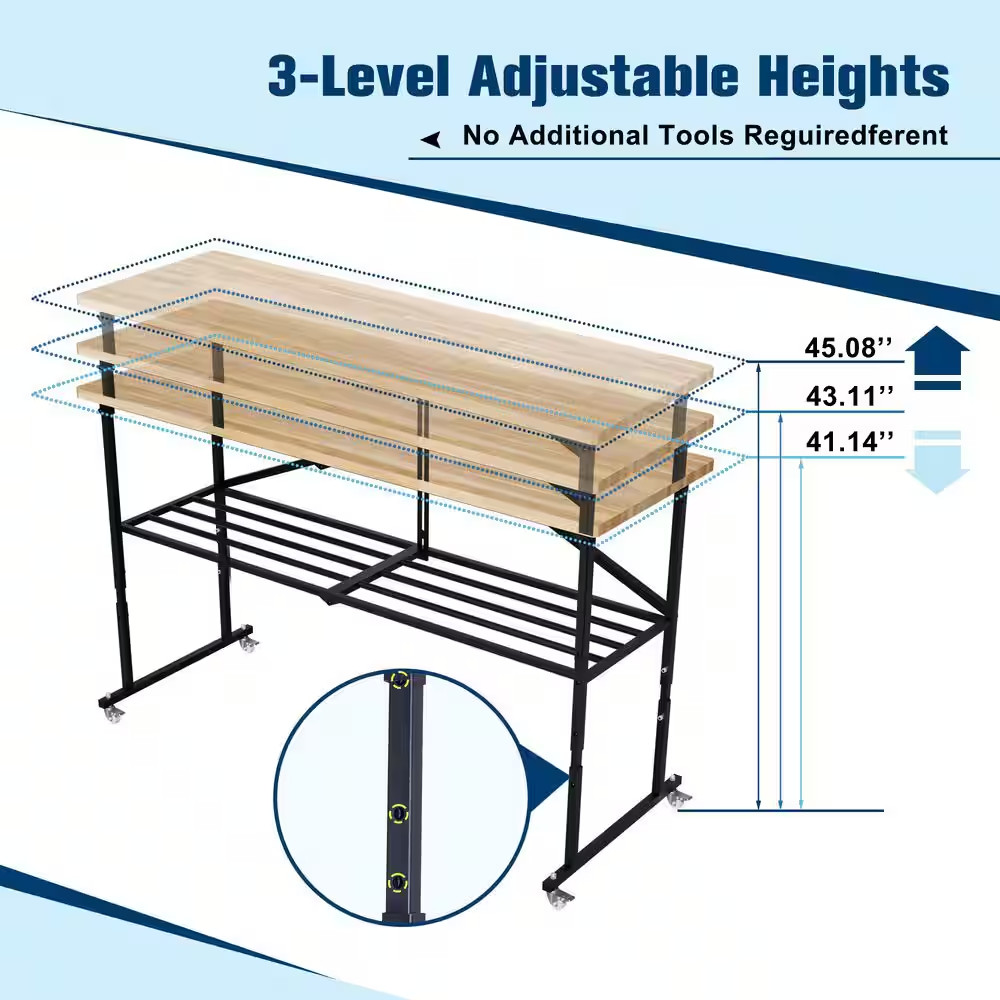 68 In. W X 21 In. D Adjustable Solid Wood Top Workbench Foldable Hardwood Workbe