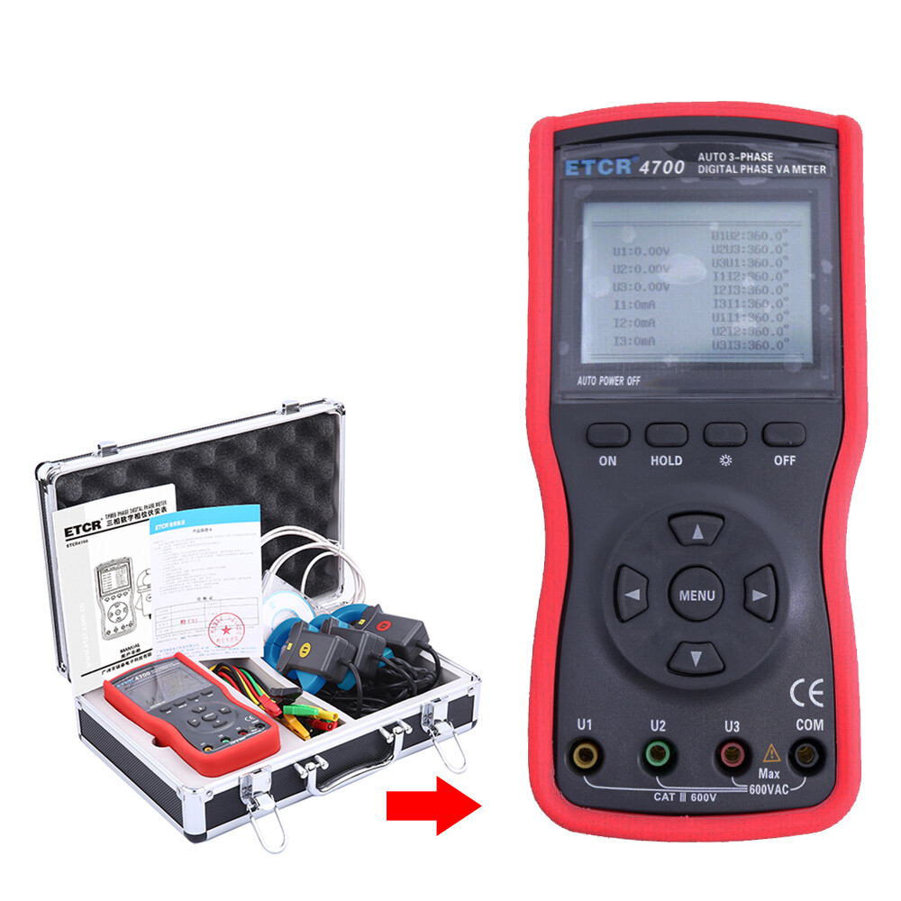 Three phase Digital Phase Voltmeter Clamp Meter 600V 600A 360° Current Detector