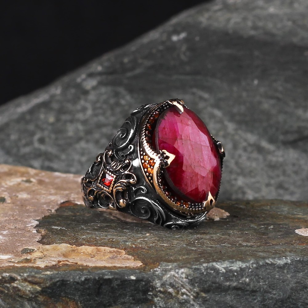 Ruby Stone Men Silver Ring, 925 Sterling Silver Ruby Gemstone Ring, Handmade