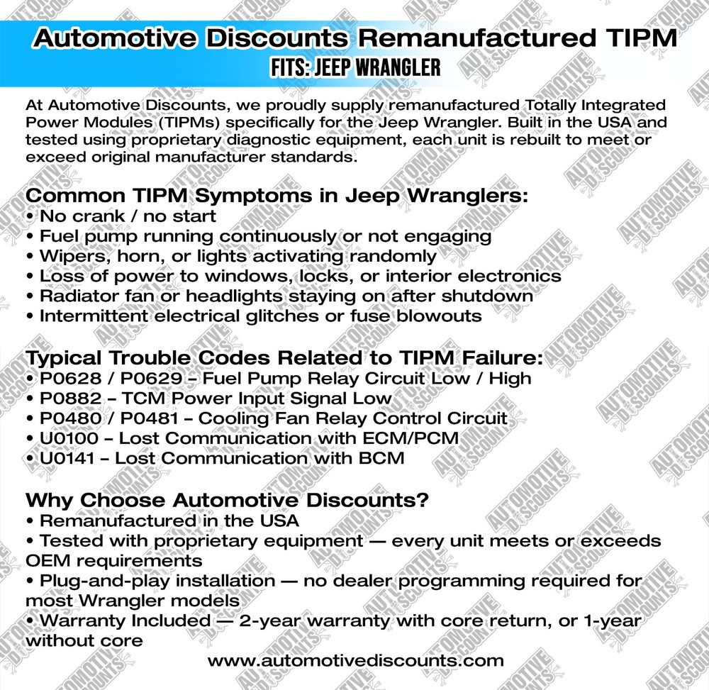2017 Jeep Wrangler Rebuilt OEM TIPM 68303924 PLUG & PLAY PROGRAMMING