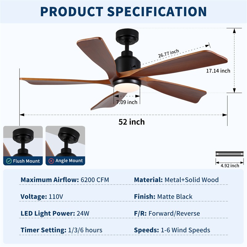 52" Farmhouse Solid Wood Ceiling Fan Reversible Motor w/Light Wall Switch Remote