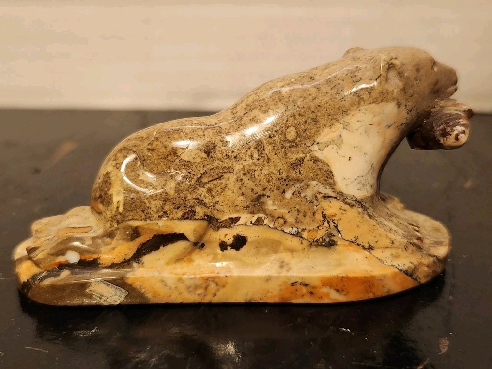 Stone Carved Polar Bear with Fish
