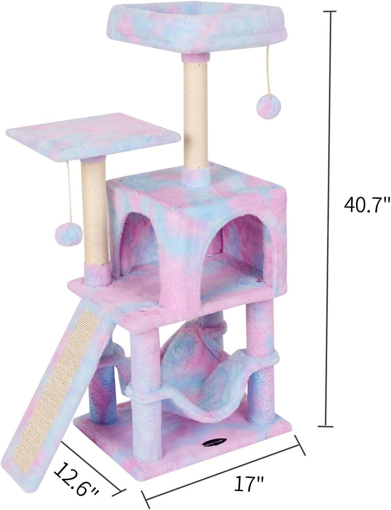 Rainbow Cat Tree Tower with Scratching Post, Hammock & Hanging Ball