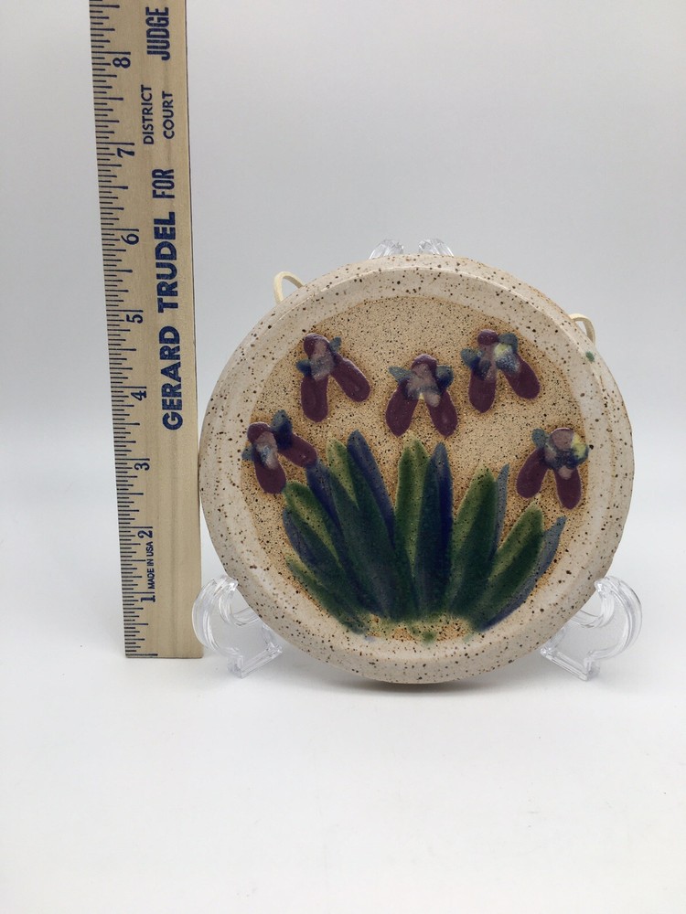 Studio Crafted Art Pottery Hand Painted Iris Wall Plaque Stoneware Signed