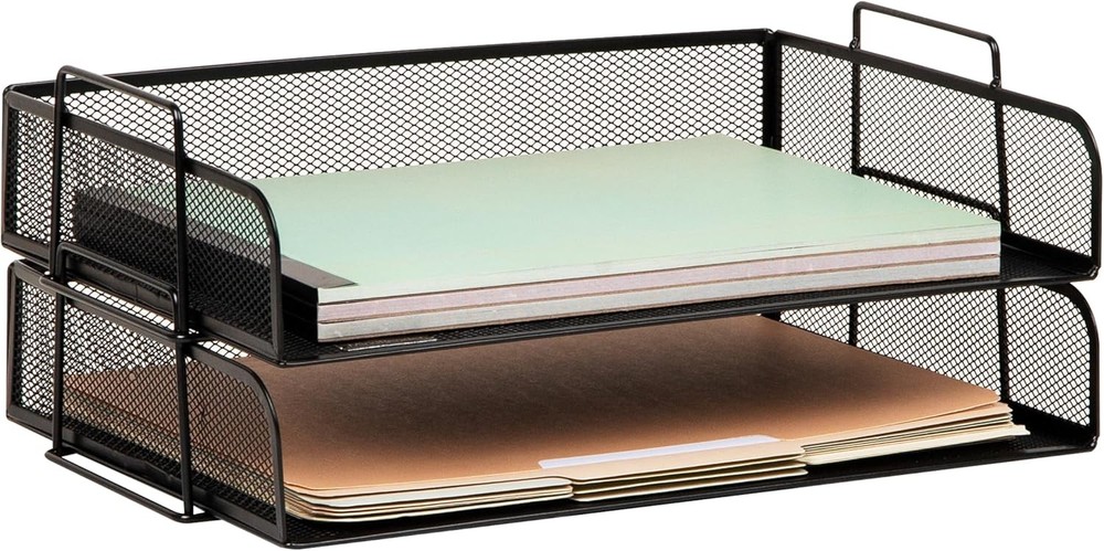 Stackable Paper Tray, Desktop Organizer, File Storage, Metal Mesh, 2 Pcs., Black
