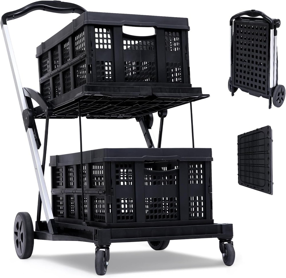 2-Tier Folding Office Utility Cart, Collapsible Rolling Organizer W/ Cargo Boxes