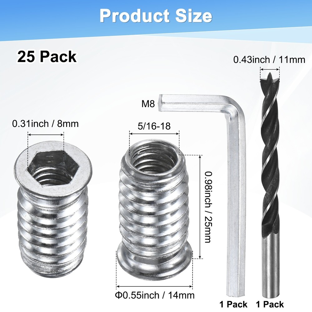 25-Pack Threaded Inserts, 5/16-18x25mm Nuts with A Wrench and Drill Bit [Silver]