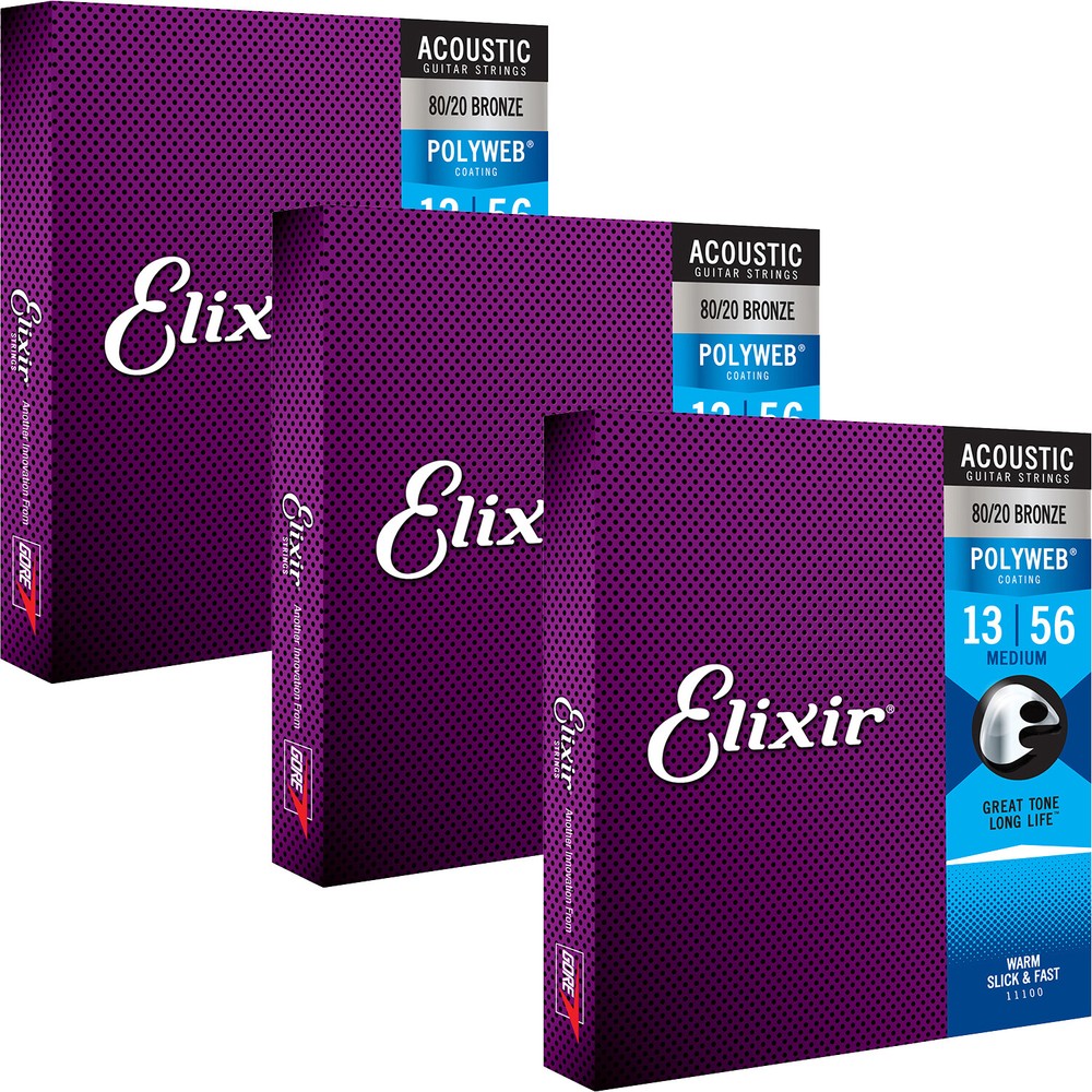 3 Sets Elixir 11100 POLYWEB 80/20 Medium Acoustic Guitar Strings 13-56