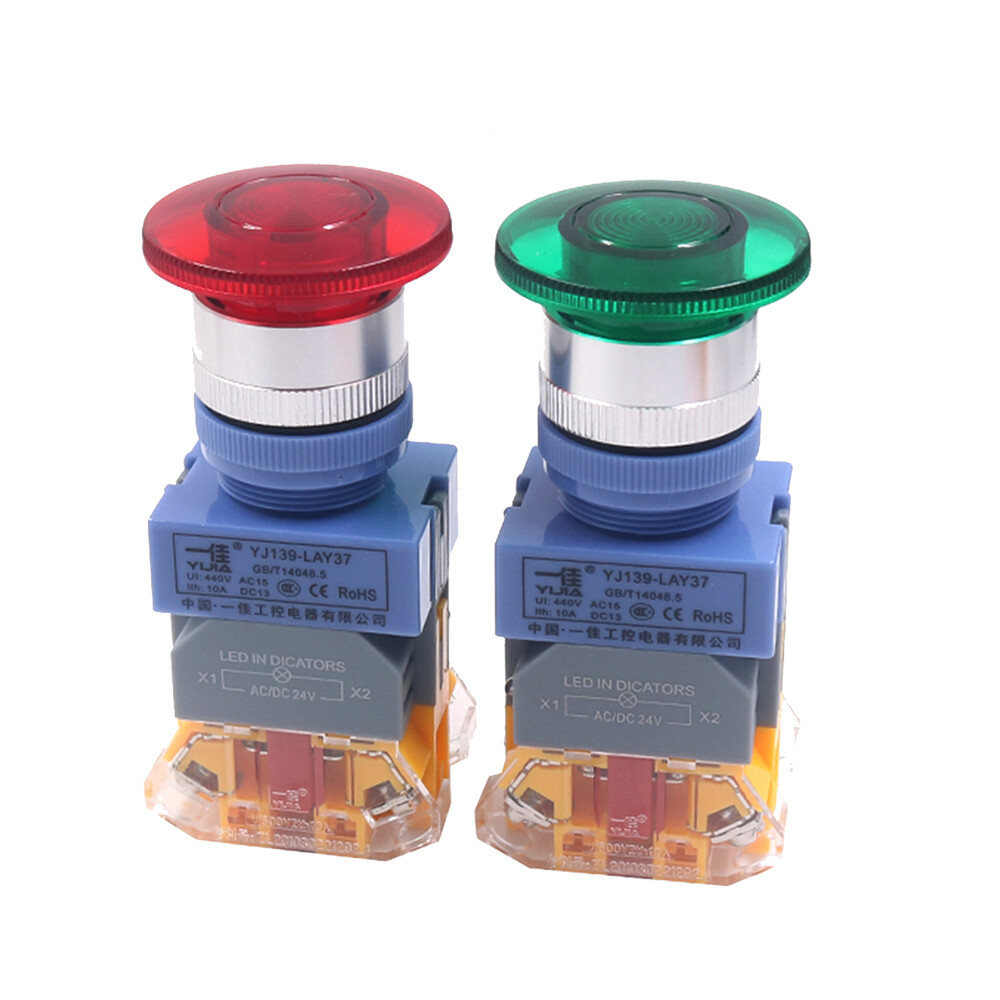 22mm Mushroom Head Switch Momentary Push Button Switch LED Illuminated Green Red