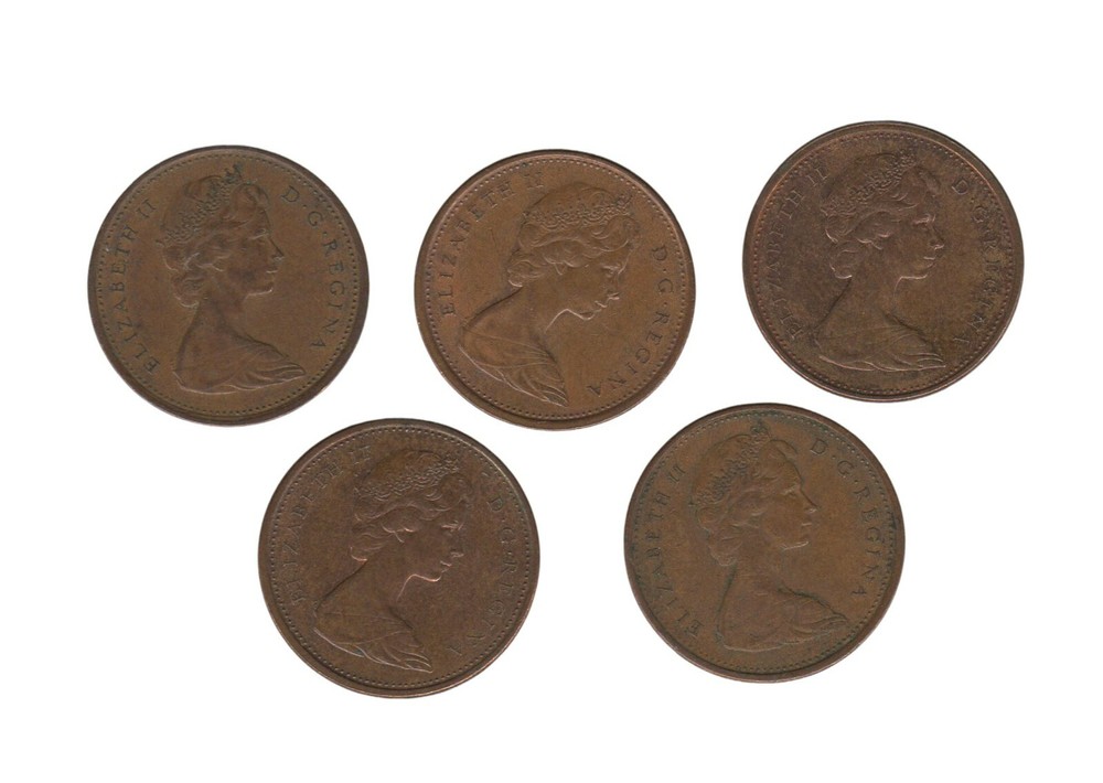 Canada One Cent Coins x5 – Elizabeth II – Mixed Dates
