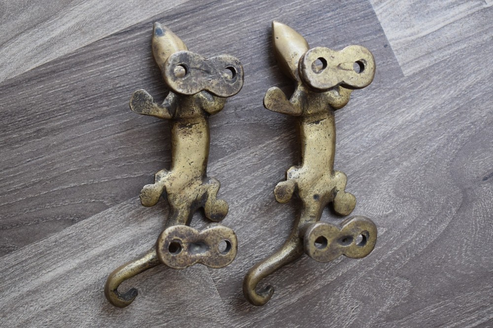 Vintage Brass Door Handle Lizard Heavy Gate Pull Drop Original Handle 2 Pcs
