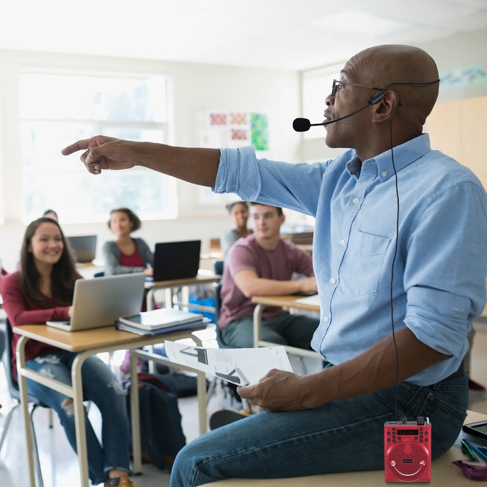 Portable Bluetooth PA System Headset Microphone Rechargeable USB Micro SD FM Red