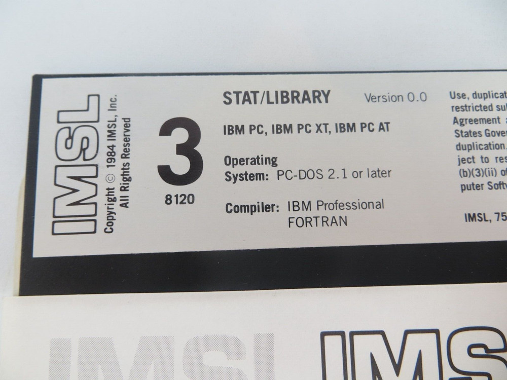 IMSL STAT/LIBRARY Version 0.0 5.25" Floppy Disks for IBM PC/XT/AT computers 1984