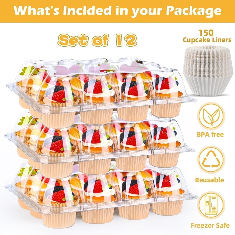 12-Count Cupcake Holders with Secure Locking Dome Lid for Safe Transport