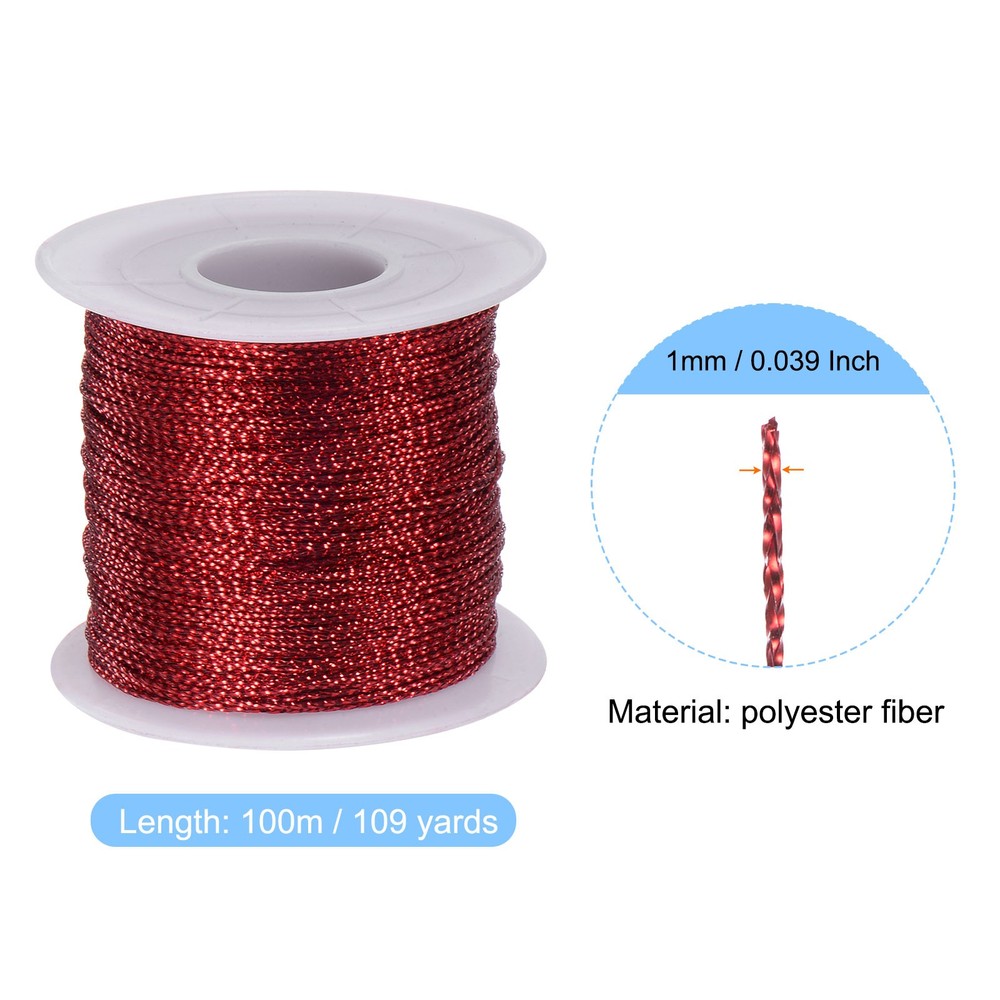 Metallic Cord 1mm 109 Yards Tinsel Rope Thread String, Red