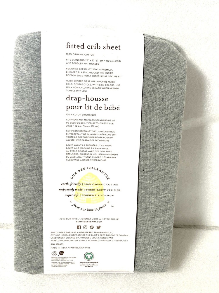 Burt's Bees Gray Fitted Crib Sheet NWT