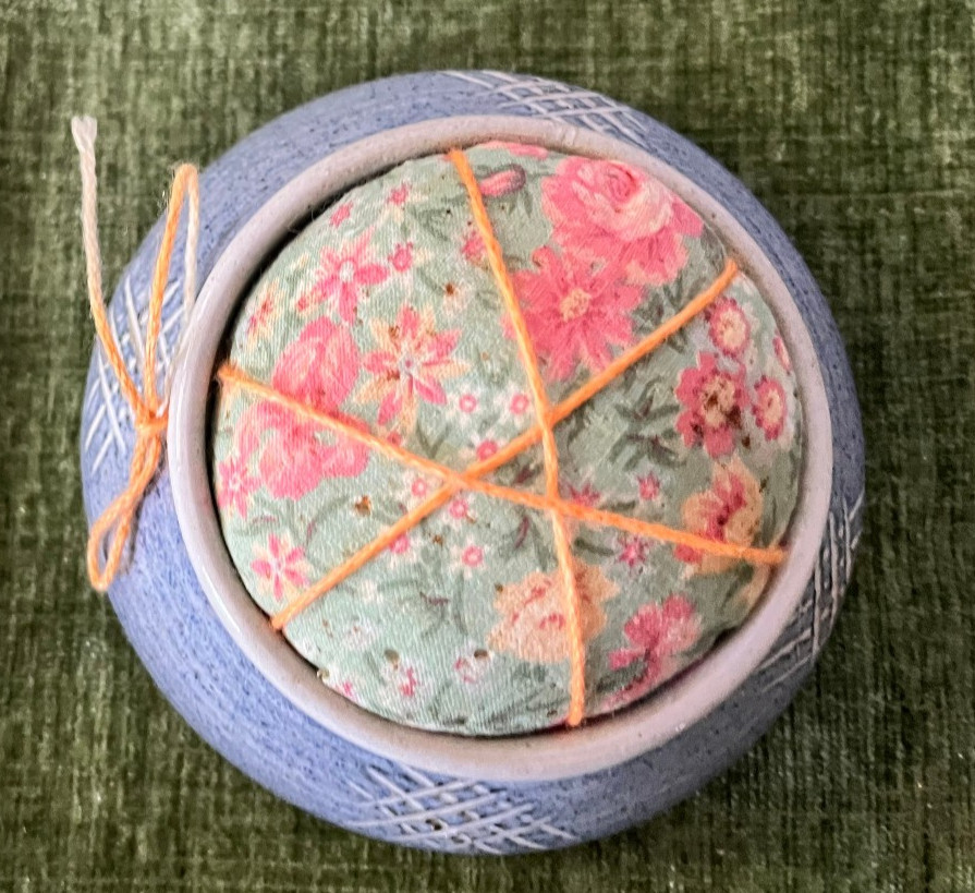 Ceramic Blue Glazed Pottery Pin Cushion Hand made Artist Signed