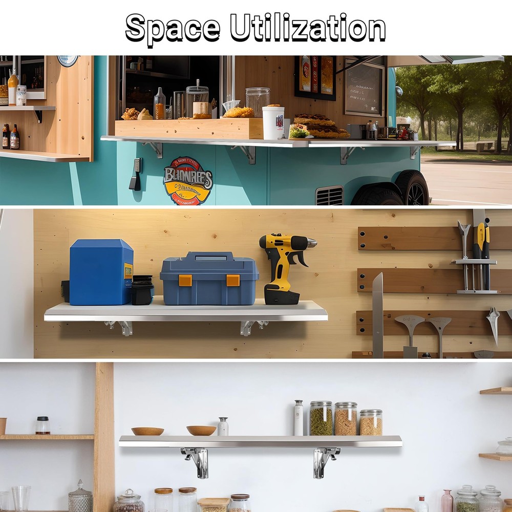 Folding Concession Shelf 48" x 12", Stainless Steel Drop Down Folding Serving...
