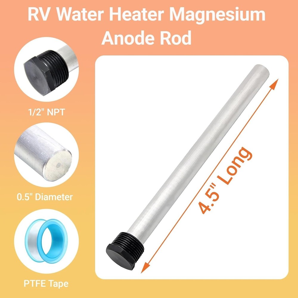 (2-Pack) 4.5" x 1/2" NPT RV Water Heater Magnesium Anode Rod –for Atwood & Domet