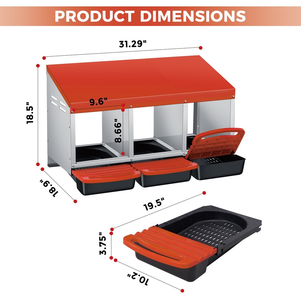 Chicken Nesting Boxes 3 Compartments Metal Egg Collection for Chicken Coop