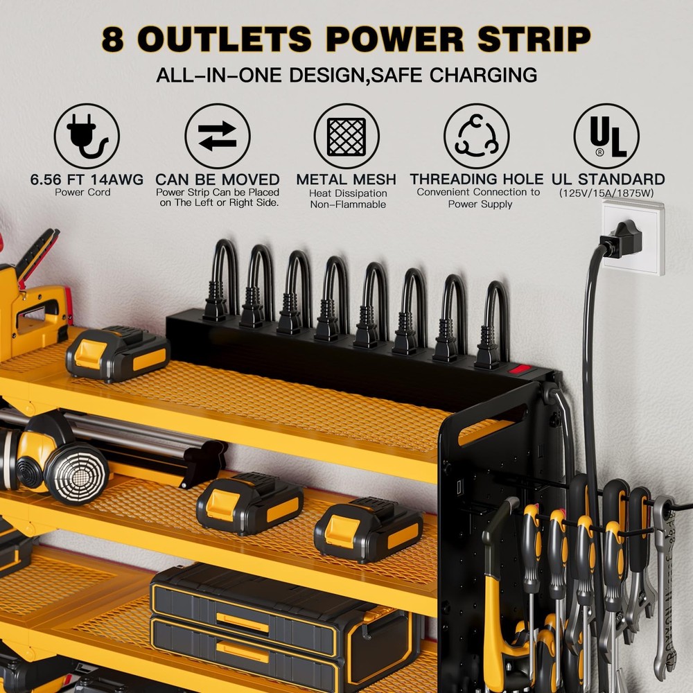 Power Tool Organizer Wall Mount with Charging Station, 8 Drill Holder, 4 Laye...
