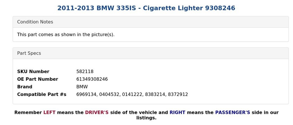 2011-2013 BMW 335IS - Cigarette Lighter 9308246