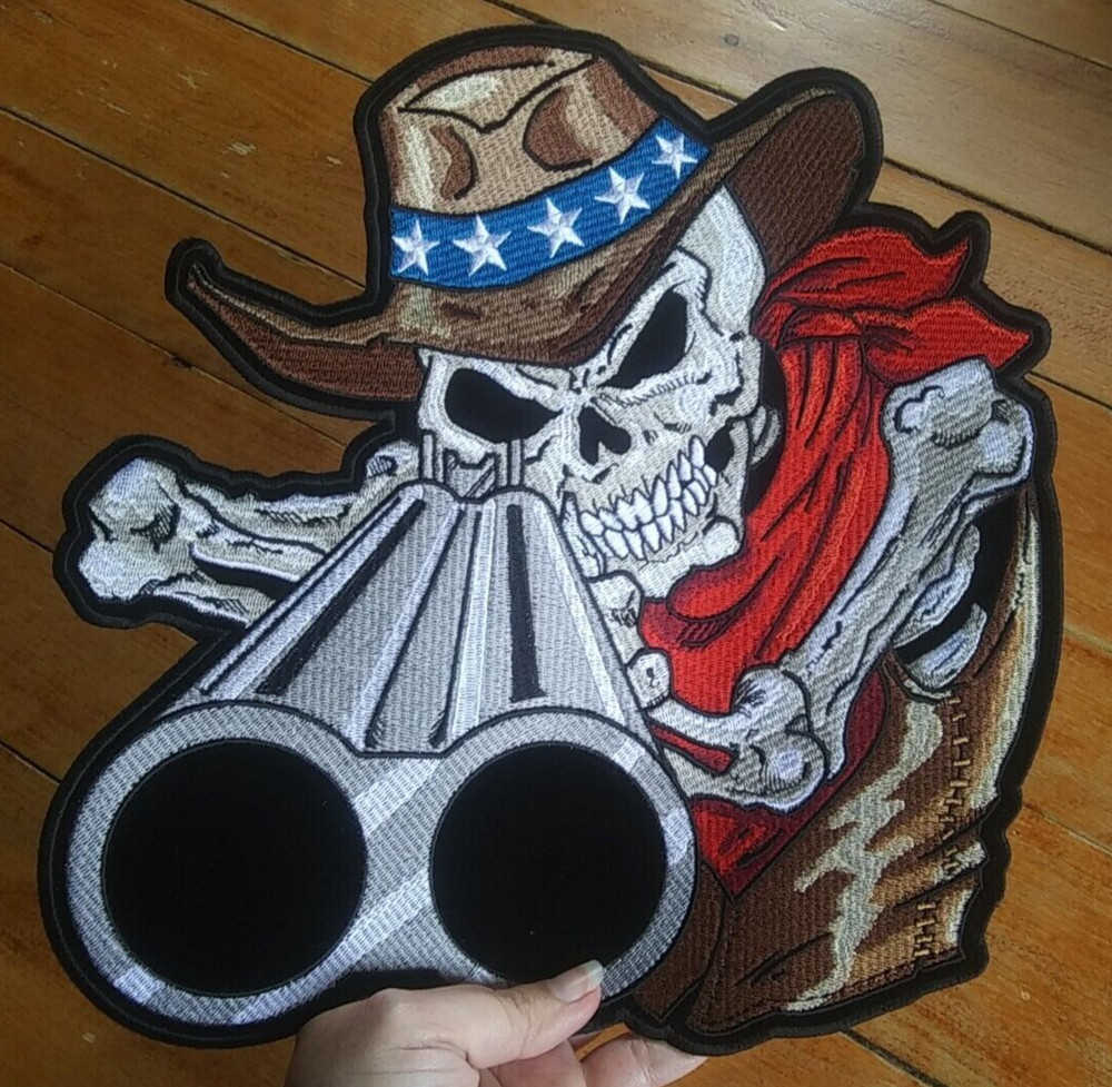 Large Embroidered Back Patch ~ Shotgun Cowboy Skeleton Biker Jacket PATCH