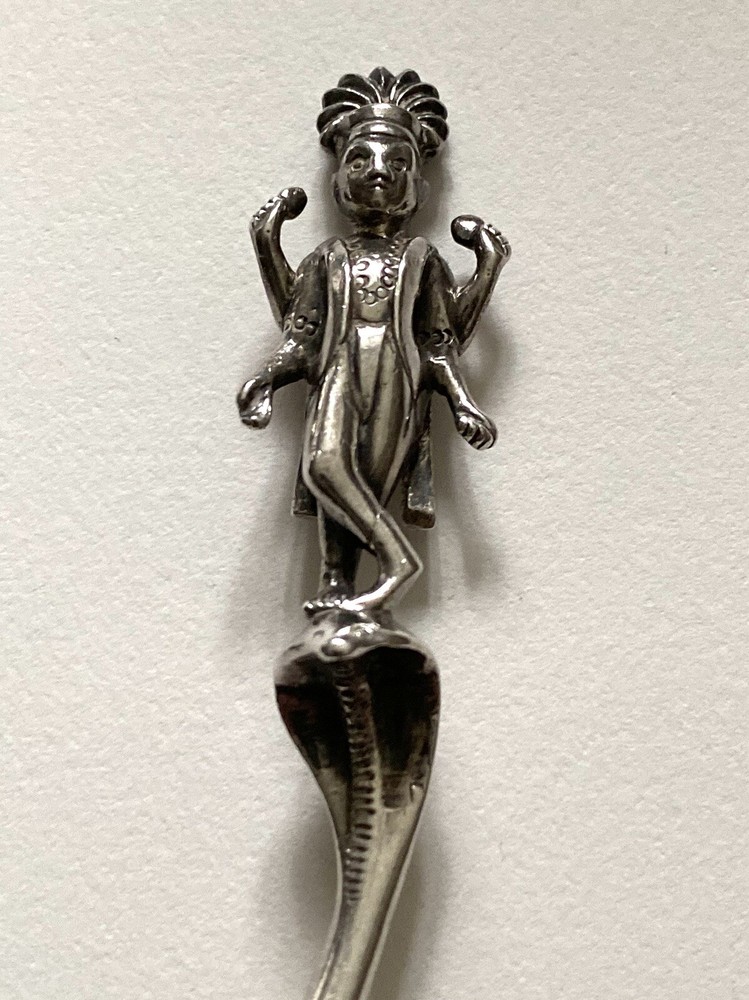Antique Solid Silver SHIVA SNAKE CHARMER FIGURAL SPOON - SHELL BOWL (5H11)