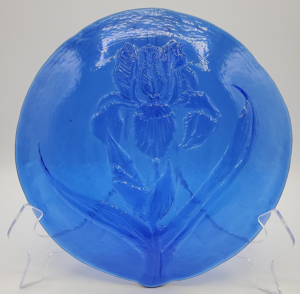 COBALT BLUE ART GLASS PLATE/PLATTER WITH A SINGLE IRIS IMPRESSION ON BACK