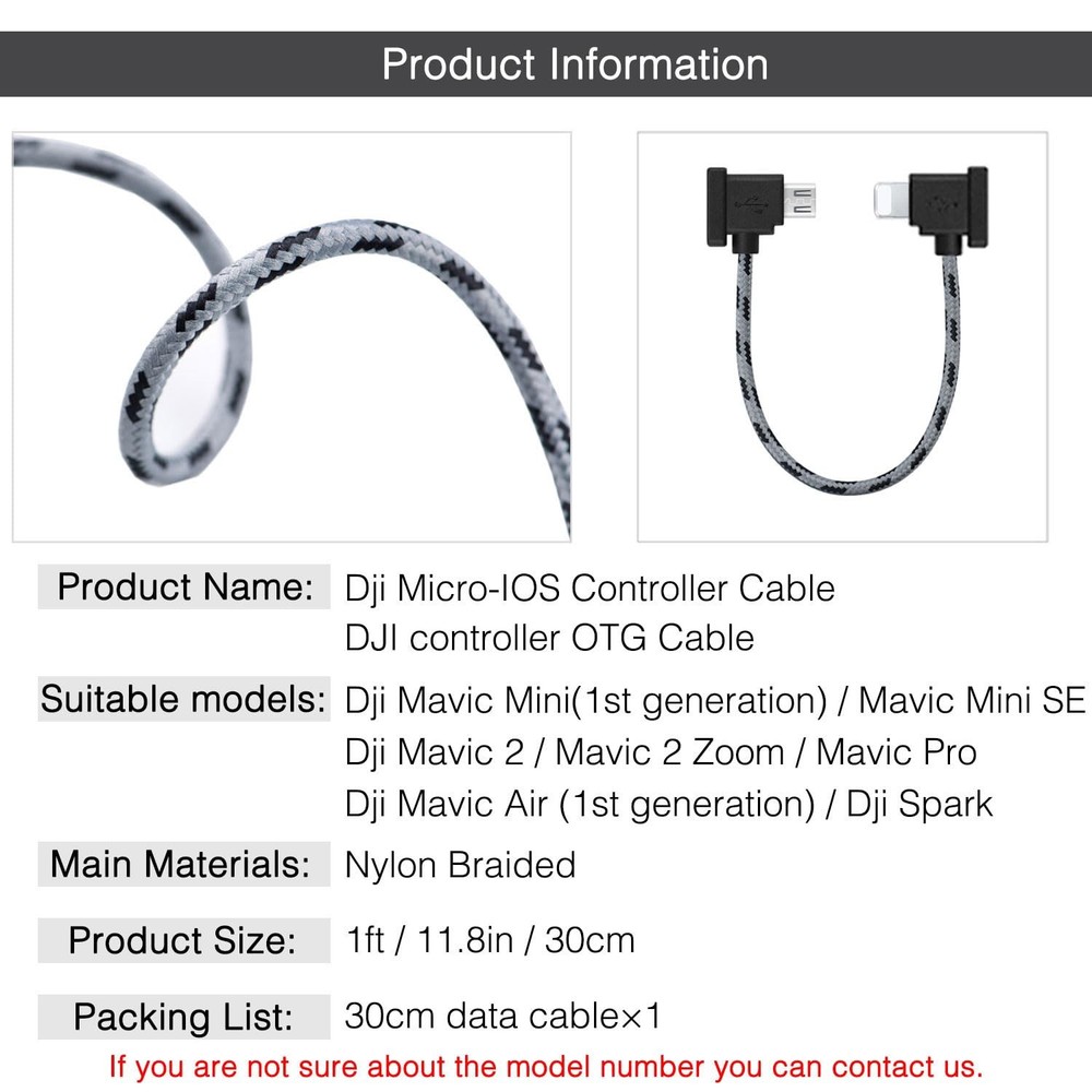 1FT USB Micro to iOS DJI Remote Controller Cable for iPhone 1FT(12in), Black