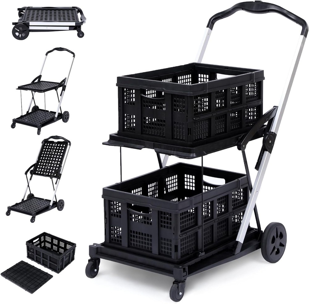 2-Tier Folding Office Utility Cart, Collapsible Rolling Organizer W/ Cargo Boxes