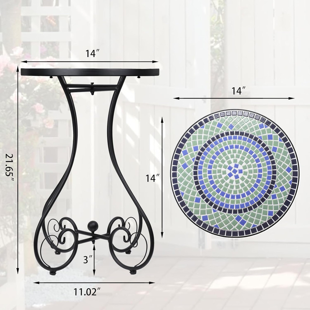 Mosaic Outdoor Side Table, Round Rustproof Patio Table with 14" Ceramic Tile Top